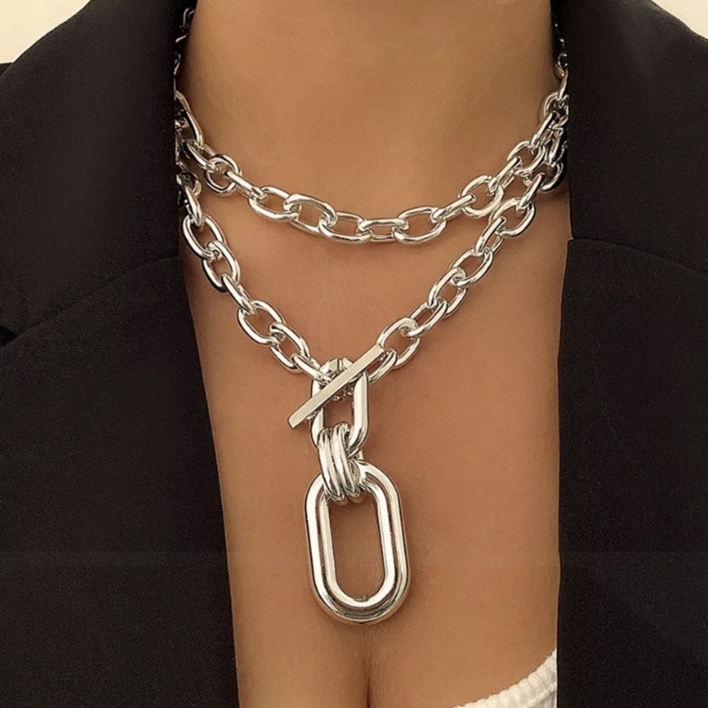 Over sized Silver chunky Toggle  Statement Necklace